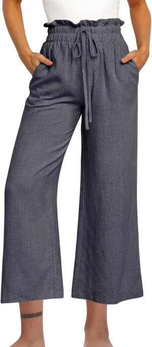 Women Cotton Linen Pants Casual Loose High Waist Palazzo Trousers Beach Wide Leg Cropped Pants Trendy Summer Outfits