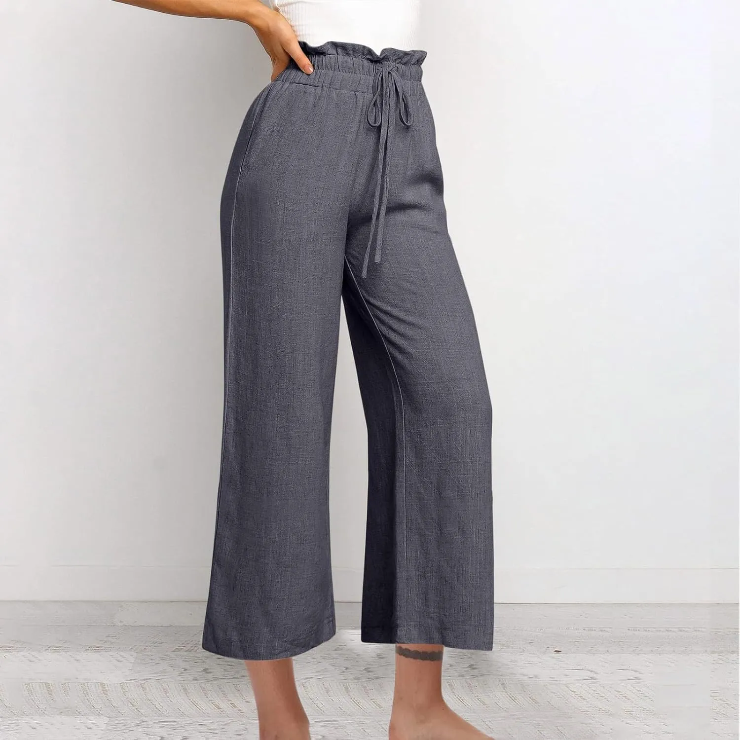 Women Cotton Linen Pants Casual Loose High Waist Palazzo Trousers Beach Wide Leg Cropped Pants Trendy Summer Outfits