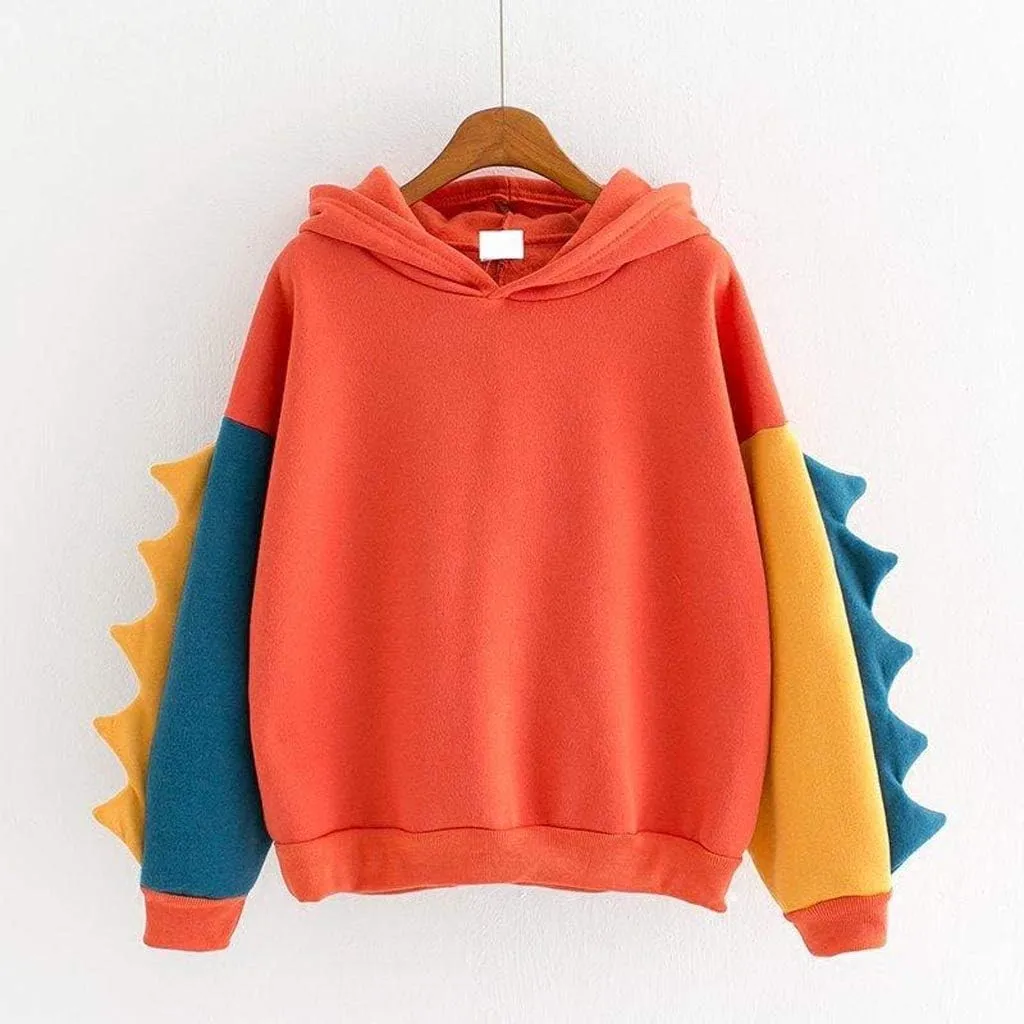 Women Funny Color Block Dinosaur Hoodies Oversized Casual Loose Long Sleeve Sweatshirts Pullover Cute Y2K Tops