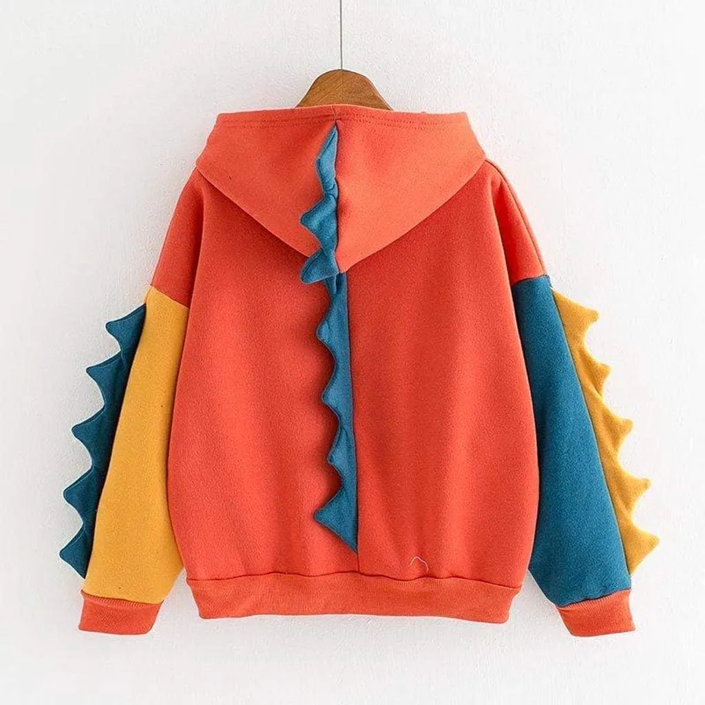 Women Funny Color Block Dinosaur Hoodies Oversized Casual Loose Long Sleeve Sweatshirts Pullover Cute Y2K Tops