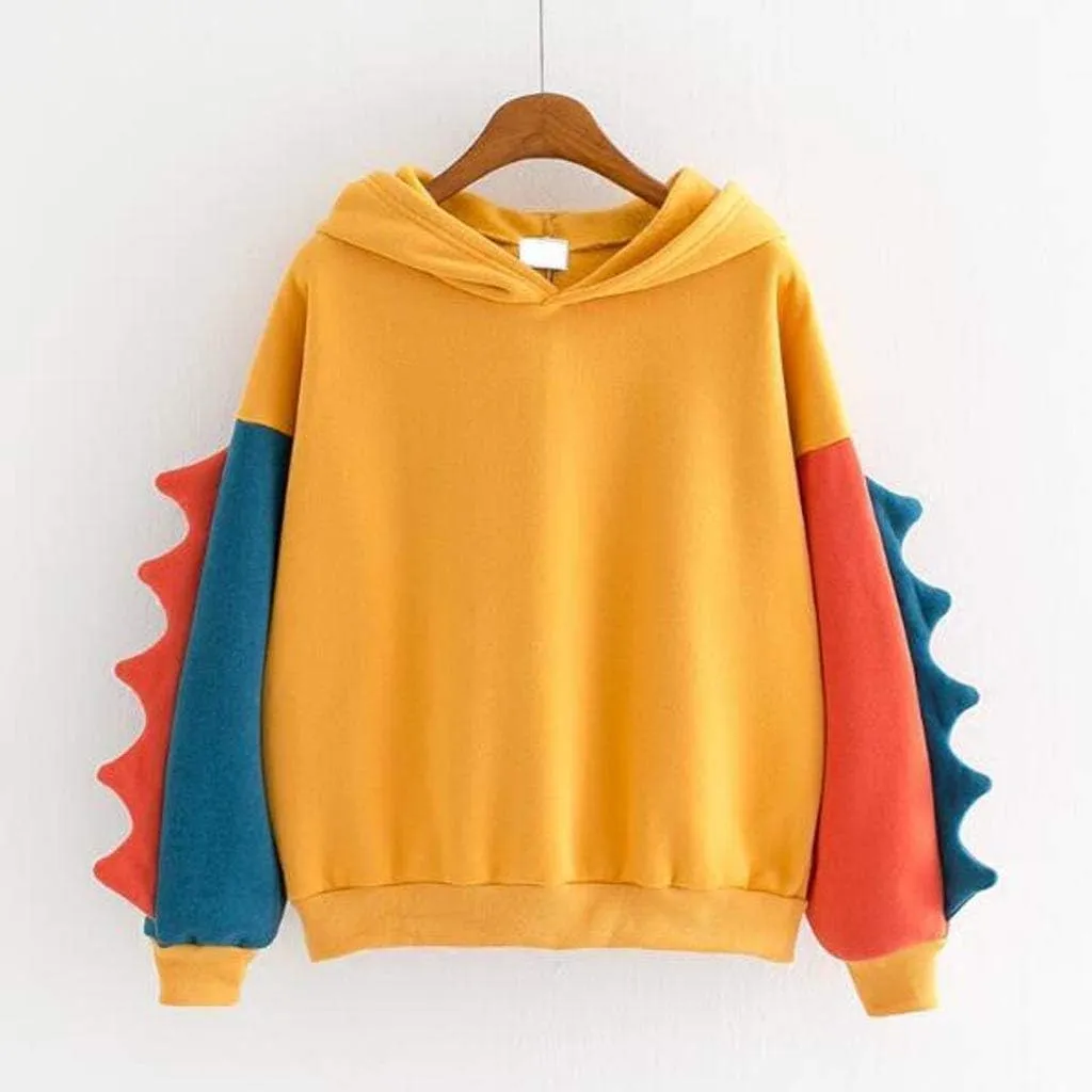 Women Funny Color Block Dinosaur Hoodies Oversized Casual Loose Long Sleeve Sweatshirts Pullover Cute Y2K Tops