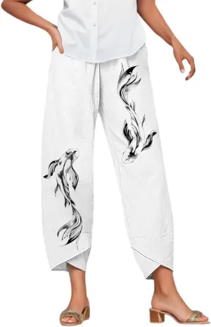 Women Linen Pants Casual Summer Loose Solid Color Boho Plus Size High Waist Linen Pants Work Lounge Trousers with Pockets