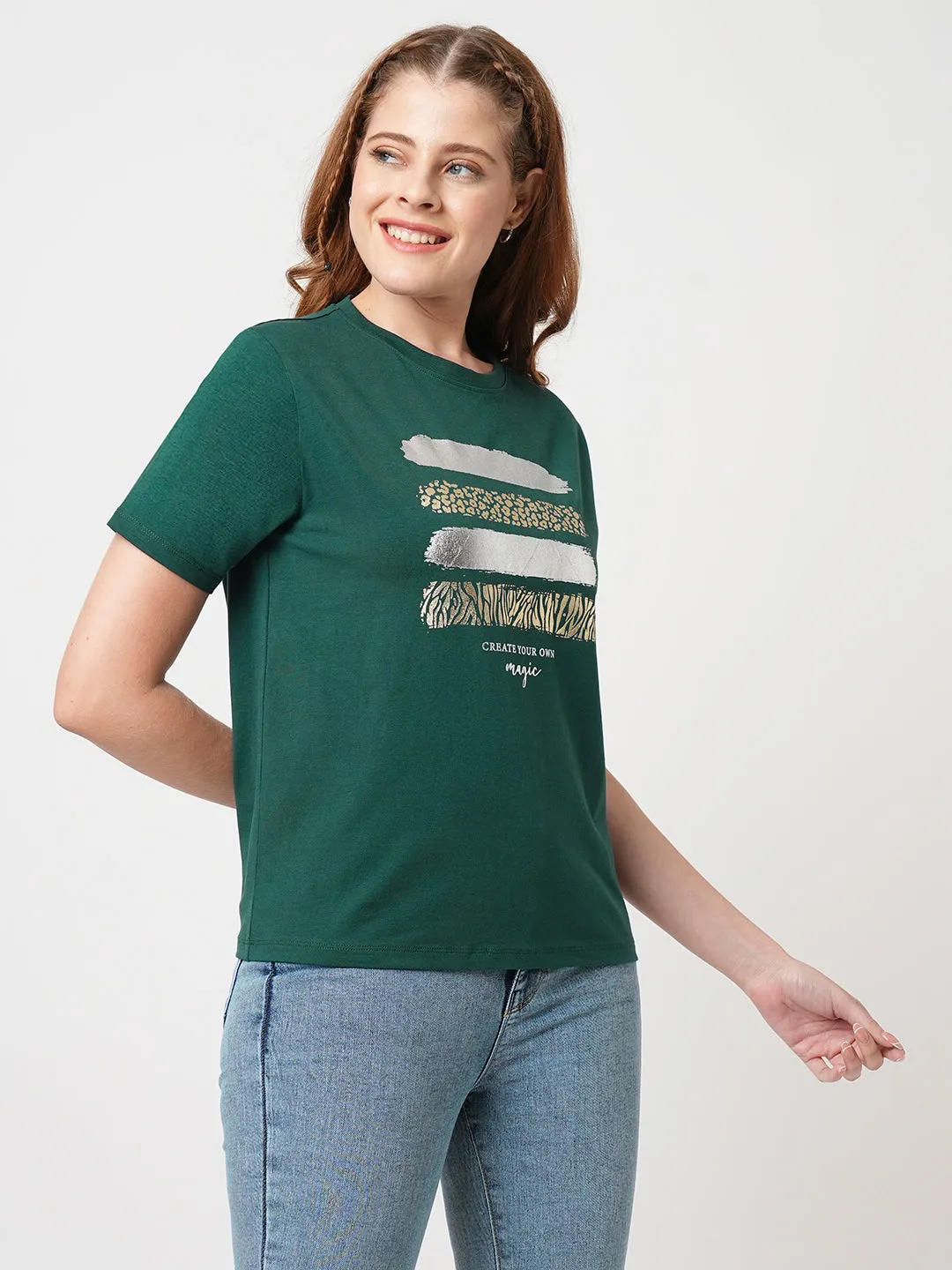 Women Slim Fit Bottle Green Boxy T-Shirt Chest Print
