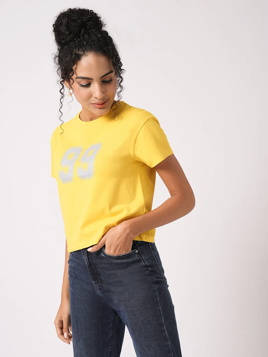 Women Slim Fit Golden Sunset Crop T-Shirt Chest Print