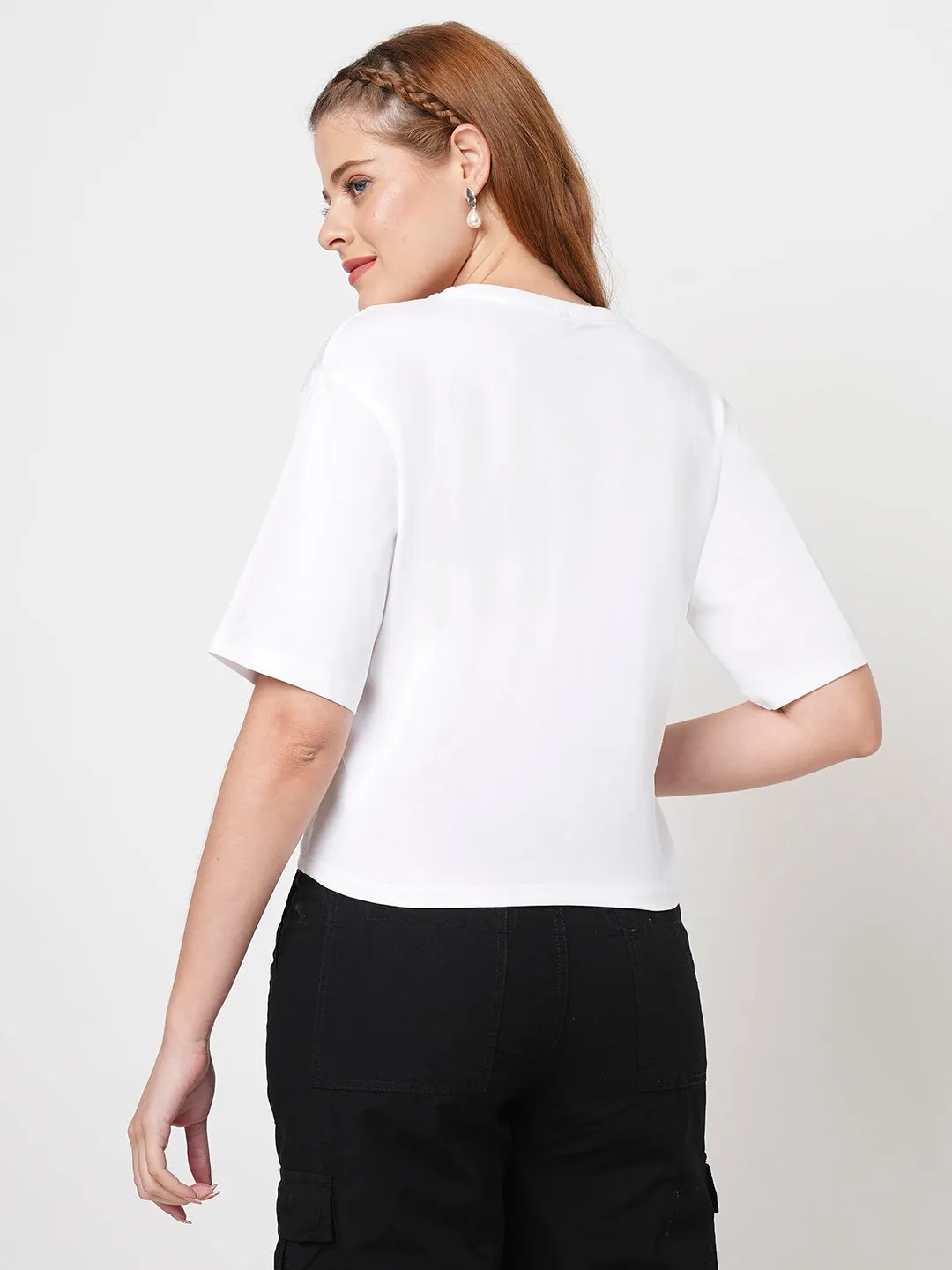 Women Slim Fit White Crop T-Shirt Chest Print
