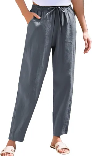 Womens Casual Linen Pants Drawstring Loose Fit Summer Pants Trousers with Side Pockets Summer Beach Lounge Pants