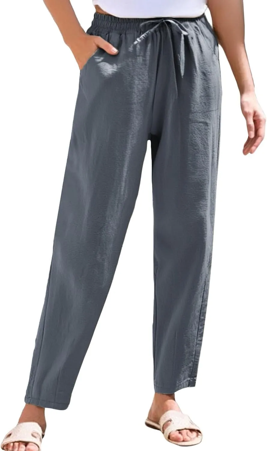 Womens Casual Linen Pants Drawstring Loose Fit Summer Pants Trousers with Side Pockets Summer Beach Lounge Pants