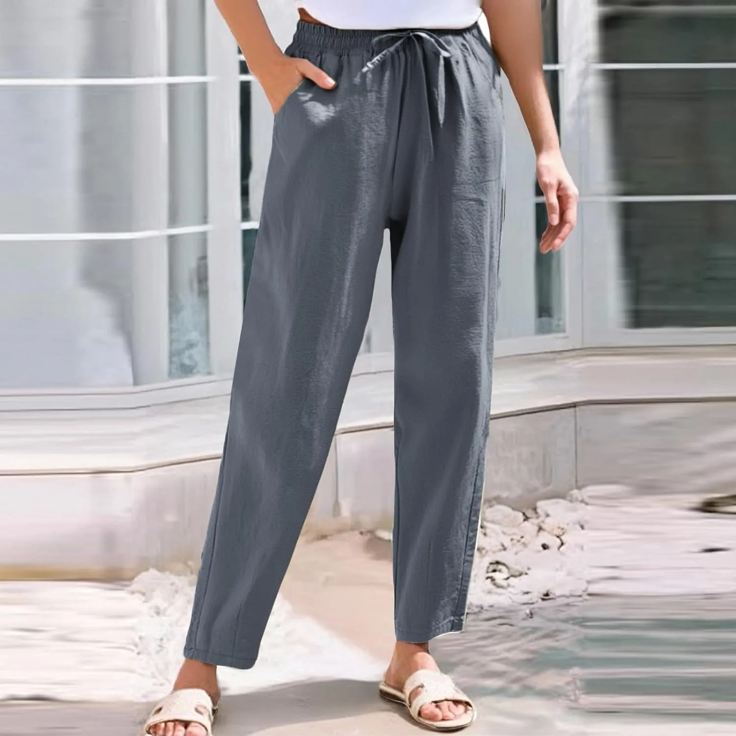 Womens Casual Linen Pants Drawstring Loose Fit Summer Pants Trousers with Side Pockets Summer Beach Lounge Pants