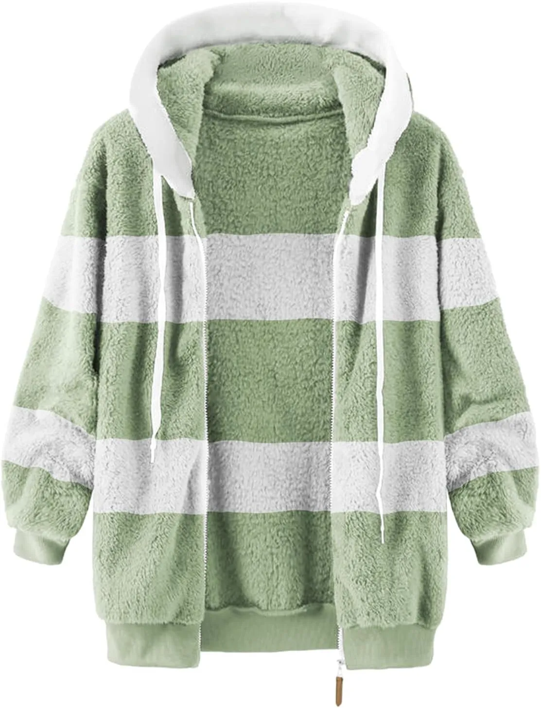 Womens Fuzzy Fleece Zip Up Jacket Loose Fit Oversized Sherpa Outerwear Coats Winter Solid Color Hoodies with Pockets