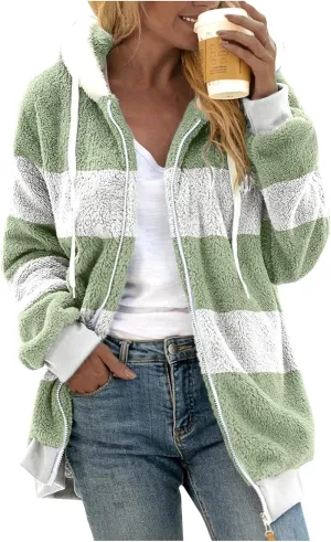 Womens Fuzzy Fleece Zip Up Jacket Loose Fit Oversized Sherpa Outerwear Coats Winter Solid Color Hoodies with Pockets
