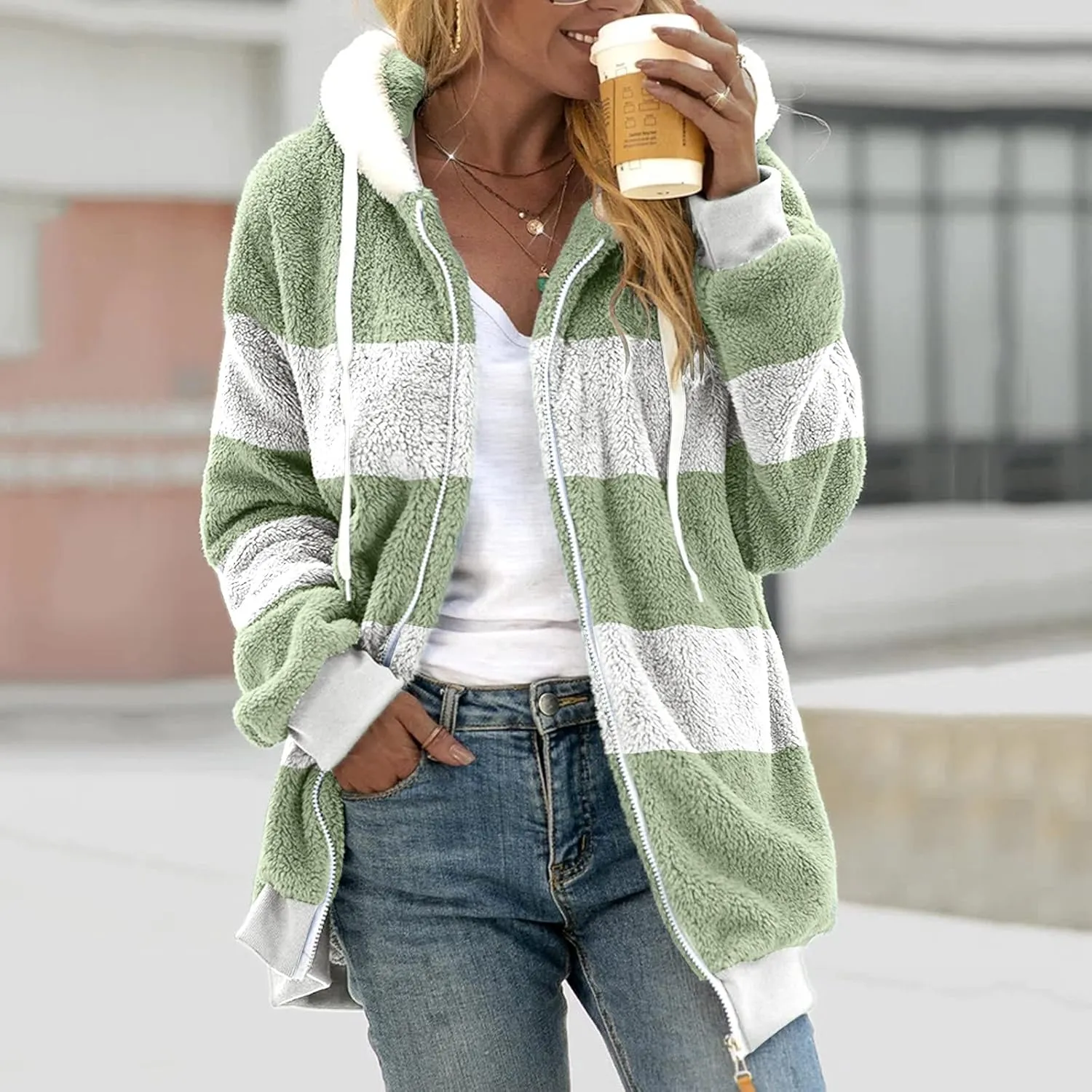 Womens Fuzzy Fleece Zip Up Jacket Loose Fit Oversized Sherpa Outerwear Coats Winter Solid Color Hoodies with Pockets