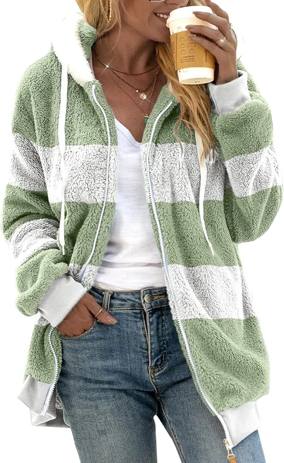 Womens Fuzzy Fleece Zip Up Jacket Loose Fit Oversized Sherpa Outerwear Coats Winter Solid Color Hoodies with Pockets