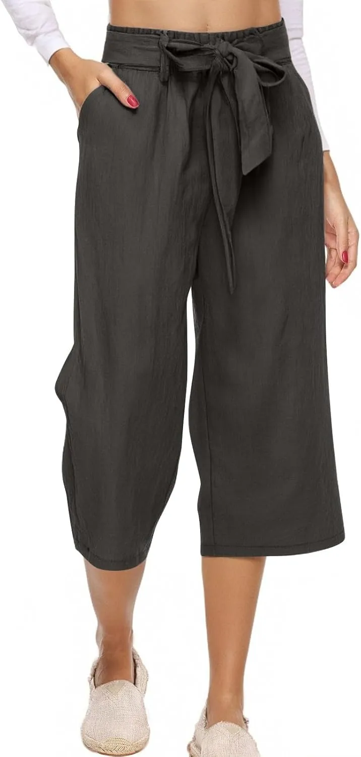 Womens Linen Capri Pants Straight Leg Elastic Waist Drawstring 2025 Summer Casual Lounge Trousers with Pockets