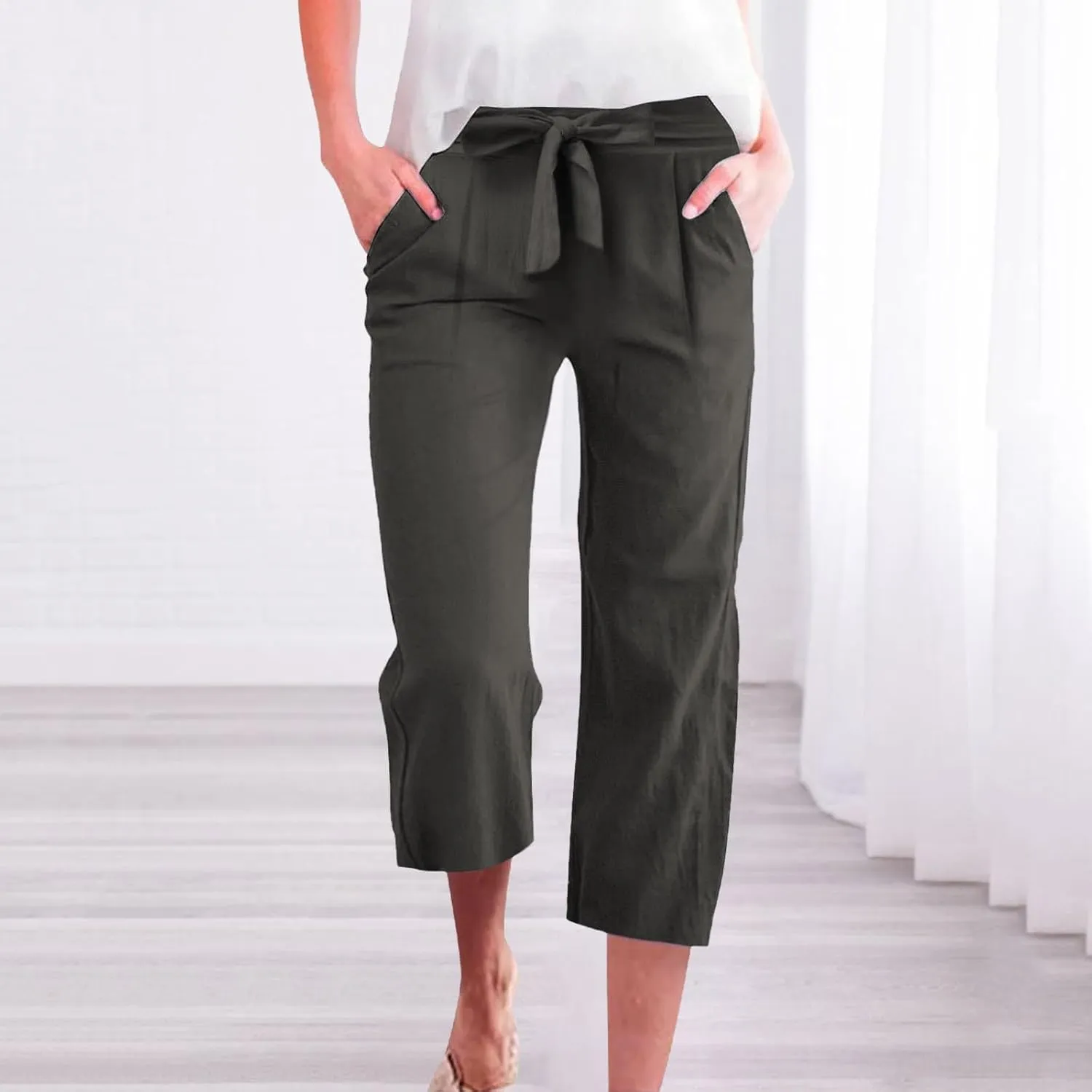 Womens Linen Capri Pants Straight Leg Elastic Waist Drawstring 2025 Summer Casual Lounge Trousers with Pockets