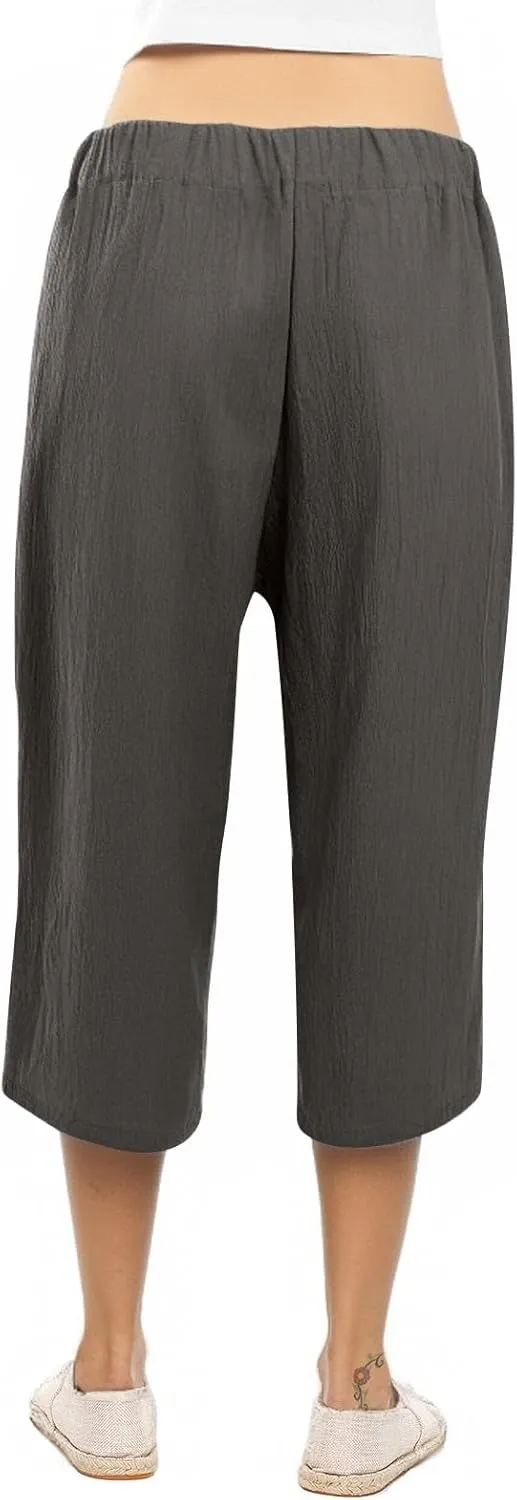 Womens Linen Capri Pants Straight Leg Elastic Waist Drawstring 2025 Summer Casual Lounge Trousers with Pockets