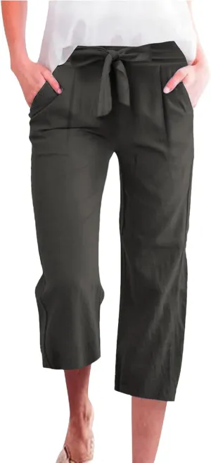 Womens Linen Capri Pants Straight Leg Elastic Waist Drawstring 2025 Summer Casual Lounge Trousers with Pockets
