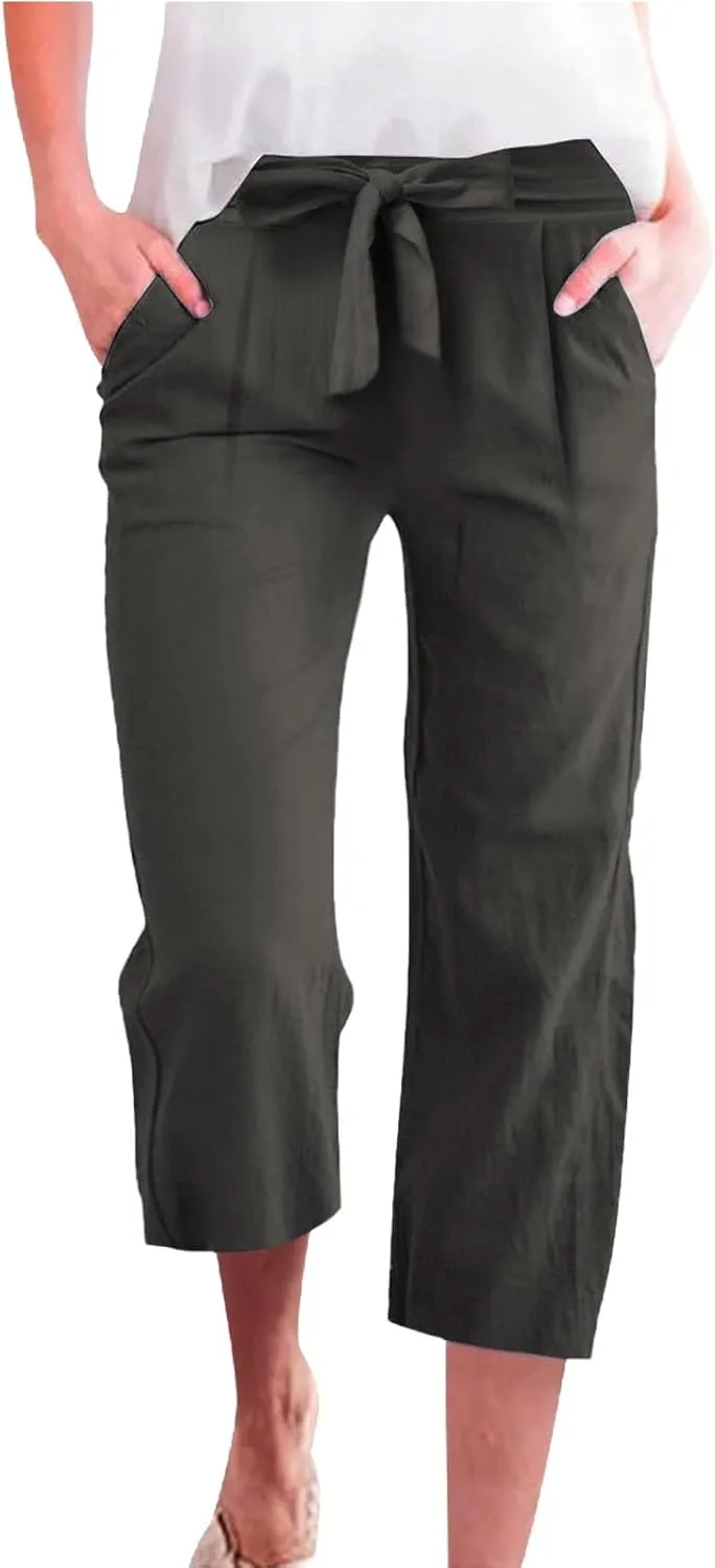 Womens Linen Capri Pants Straight Leg Elastic Waist Drawstring 2025 Summer Casual Lounge Trousers with Pockets
