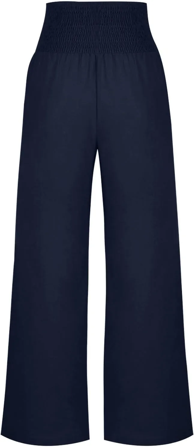 Women's Linen Summer Pants Loose Wide Leg Pants Elastic High Waist Pants Fashion Solid Color Trousers with Pockets