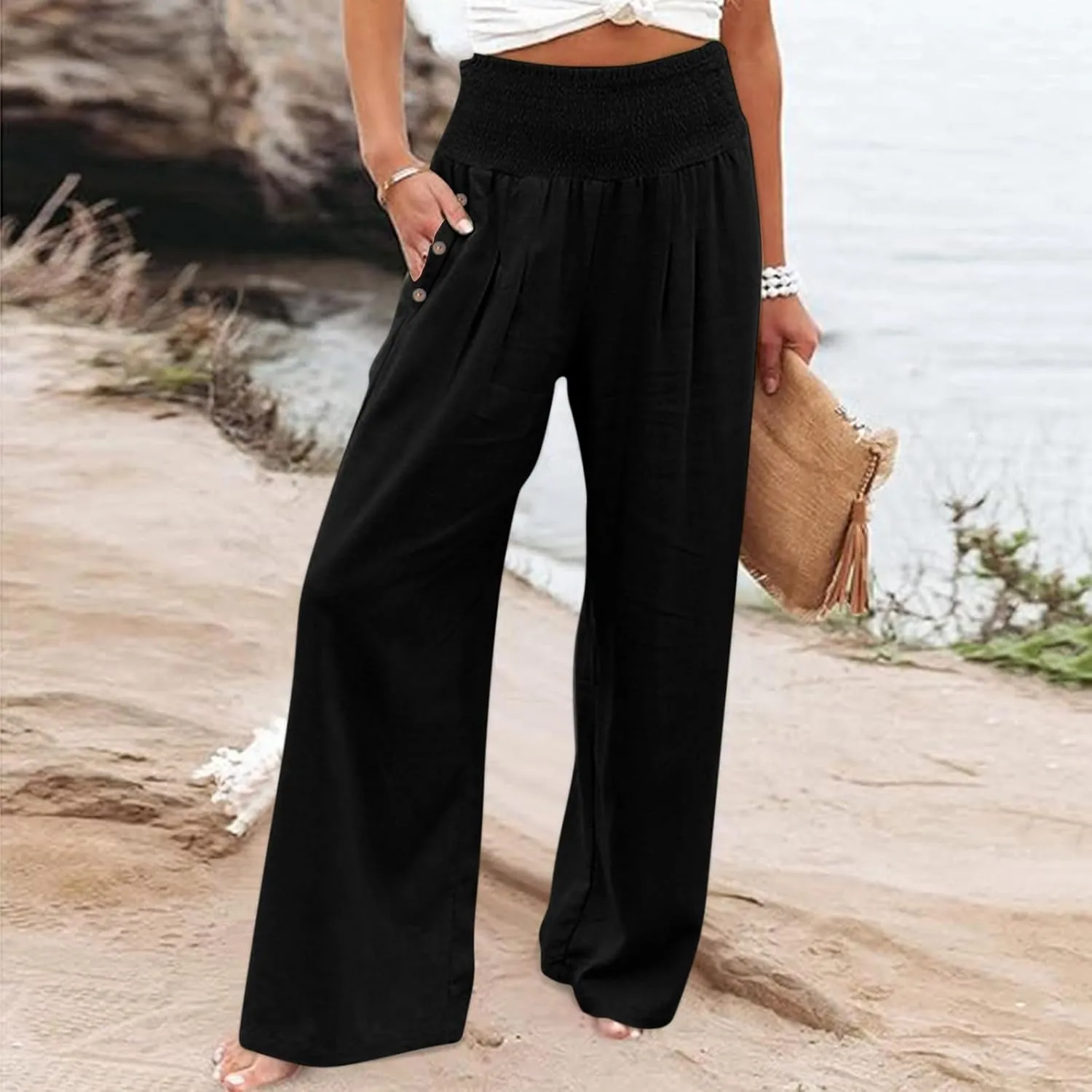 Women's Linen Summer Pants Loose Wide Leg Pants Elastic High Waist Pants Fashion Solid Color Trousers with Pockets