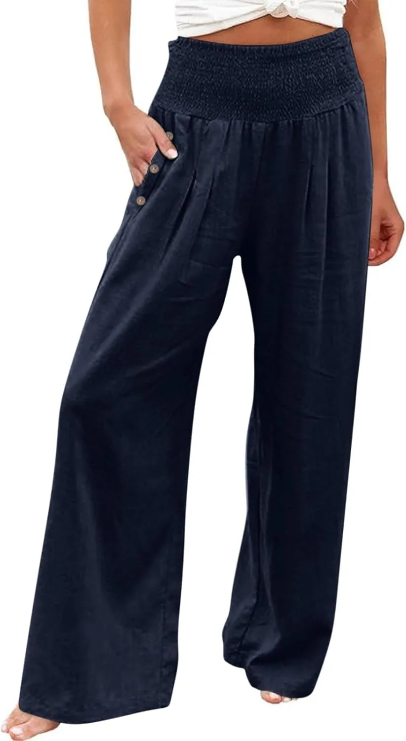 Women's Linen Summer Pants Loose Wide Leg Pants Elastic High Waist Pants Fashion Solid Color Trousers with Pockets