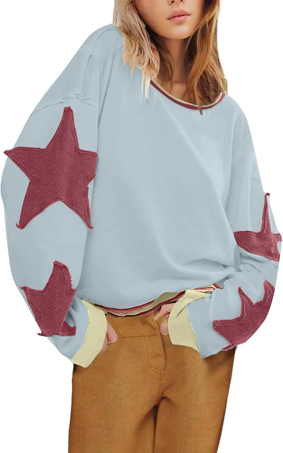 Women's Oversized Star Sweatshirt Long Sleeve Y2k Shirts Drop Shoulder Vintage Graphic Crewneck Jacket Preppy Clothes