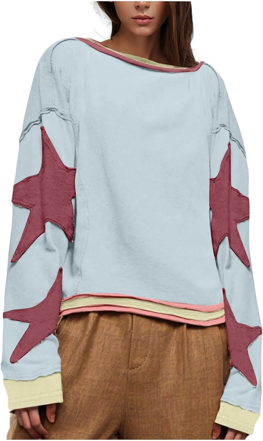 Women's Oversized Star Sweatshirt Long Sleeve Y2k Shirts Drop Shoulder Vintage Graphic Crewneck Jacket Preppy Clothes