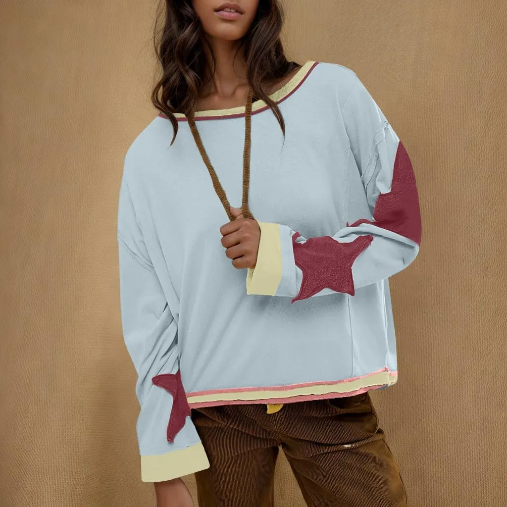 Women's Oversized Star Sweatshirt Long Sleeve Y2k Shirts Drop Shoulder Vintage Graphic Crewneck Jacket Preppy Clothes