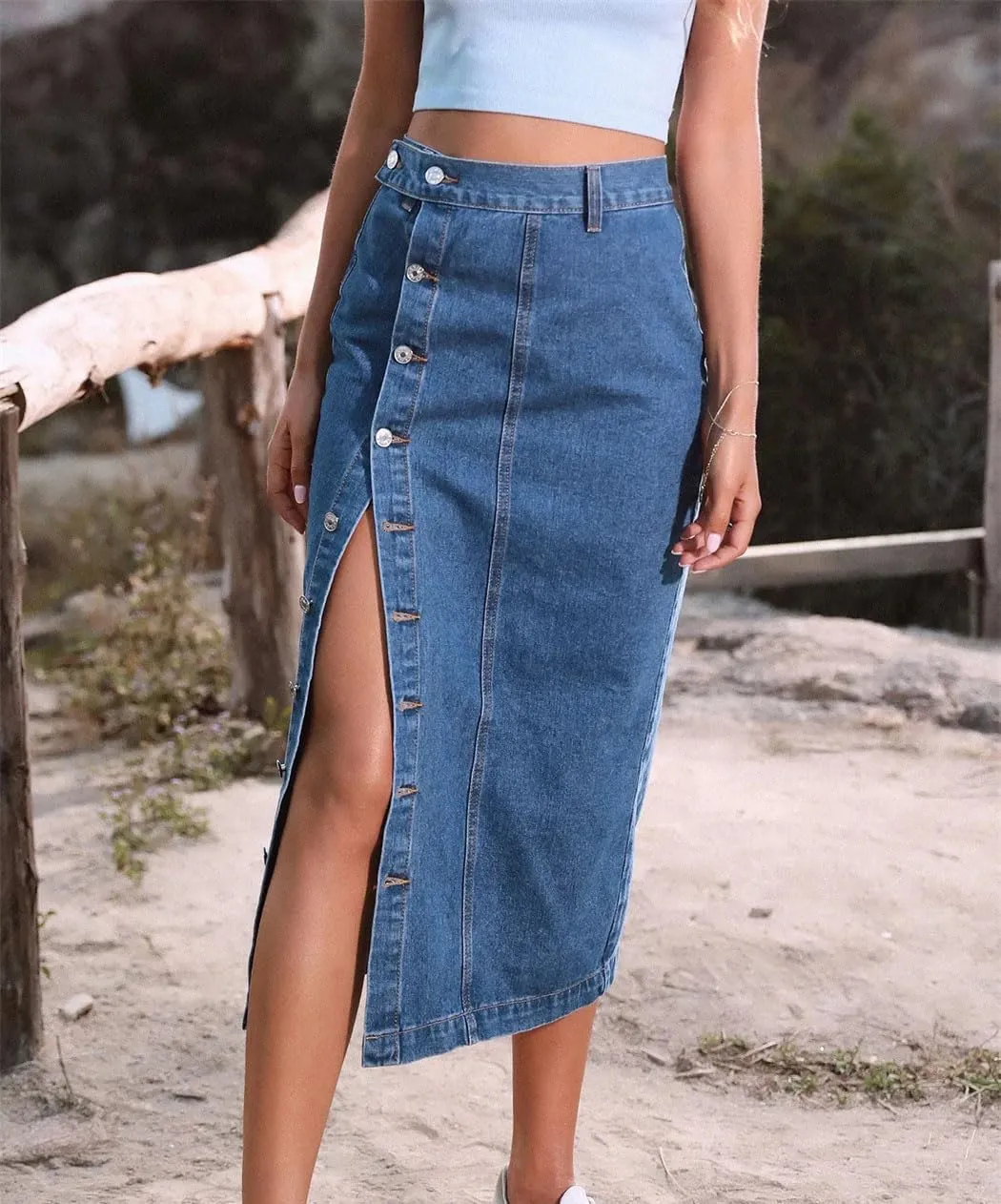 Women's Spliced Denim Skirt Washed Ankle-Length Slim Fit Hip Wrap Skirt Basics Button Pencil Skirt