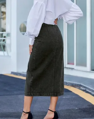 Women's Spliced Denim Skirt Washed Ankle-Length Slim Fit Hip Wrap Skirt Basics Button Pencil Skirt