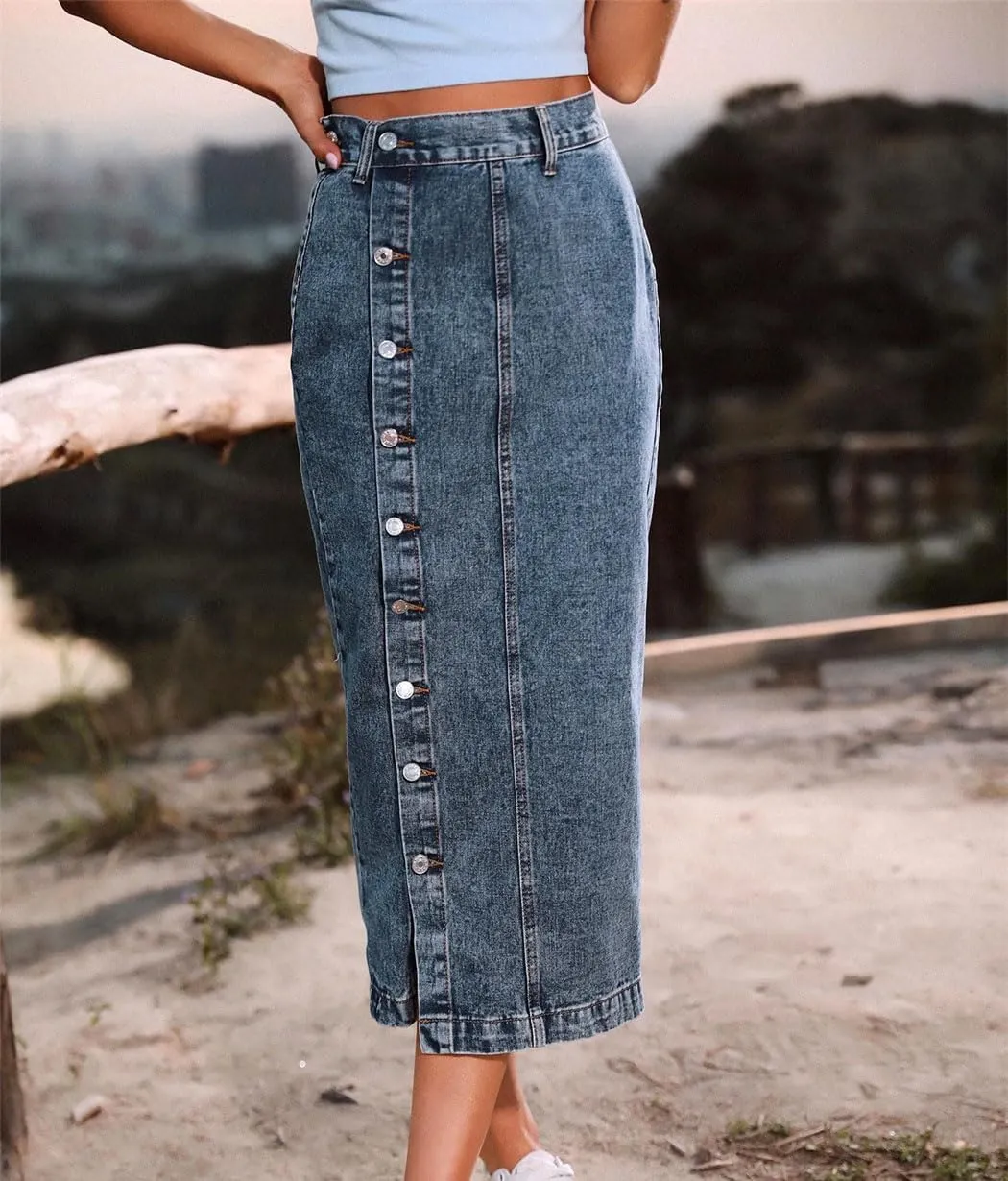 Women's Spliced Denim Skirt Washed Ankle-Length Slim Fit Hip Wrap Skirt Basics Button Pencil Skirt