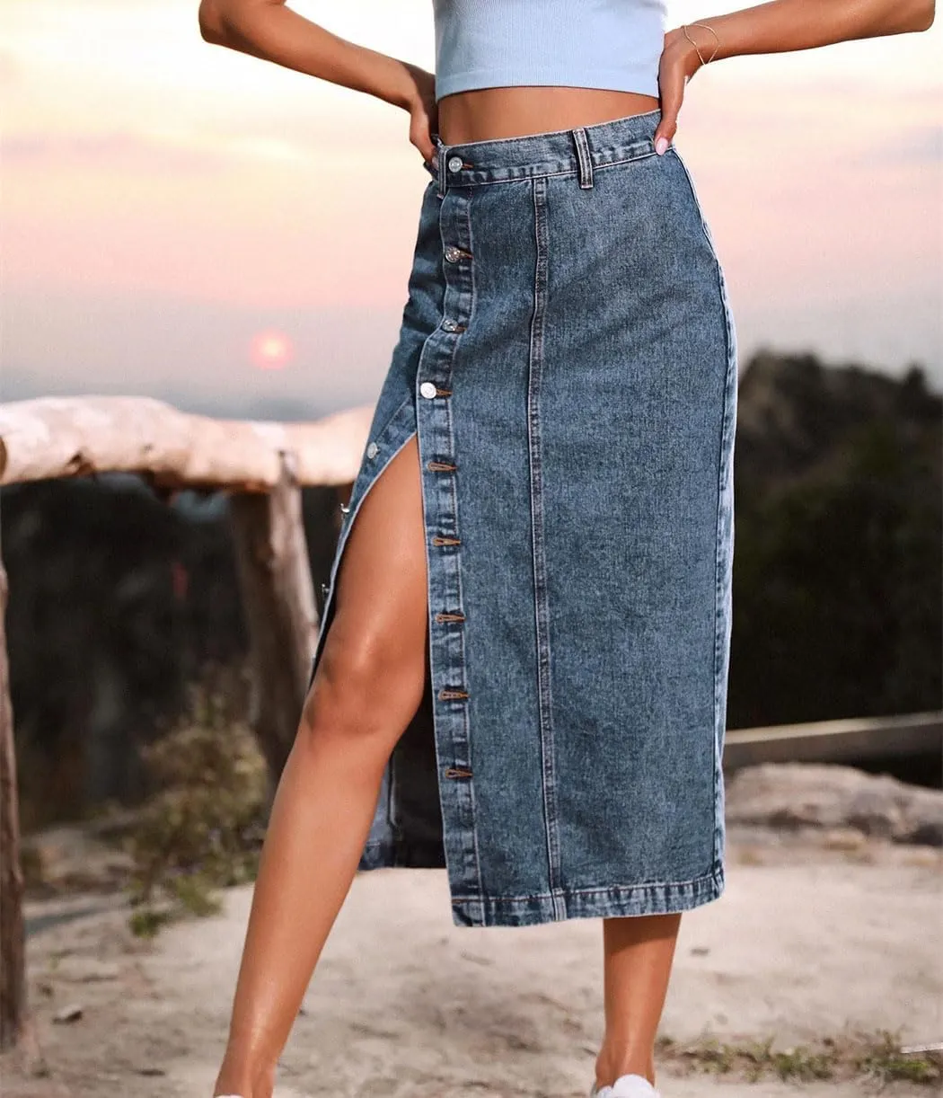 Women's Spliced Denim Skirt Washed Ankle-Length Slim Fit Hip Wrap Skirt Basics Button Pencil Skirt
