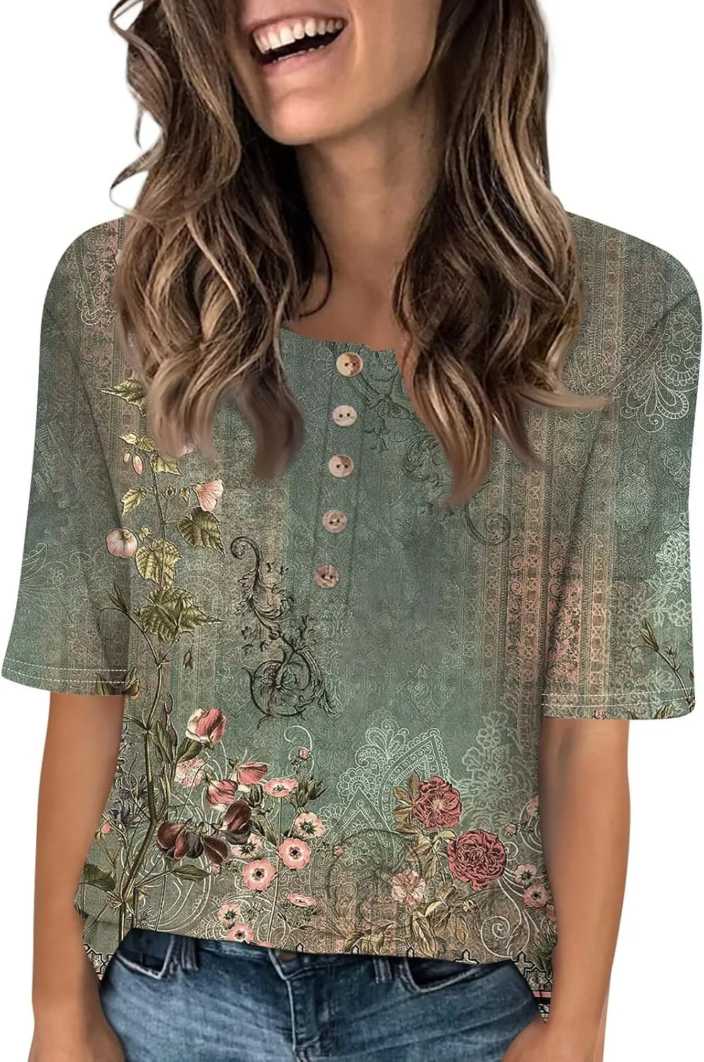 Womens Summer Tops Elbow Sleeve Tops Women Button Down T Shirts Scoop Neck Striped Floral Blouses Dressy Casual
