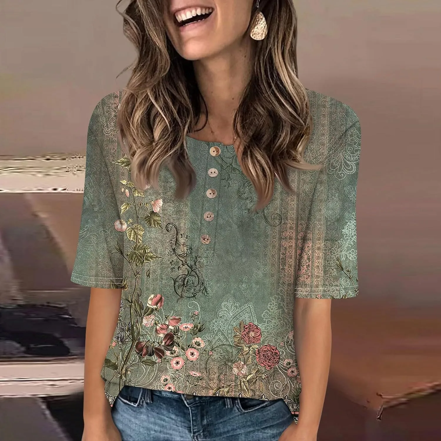 Womens Summer Tops Elbow Sleeve Tops Women Button Down T Shirts Scoop Neck Striped Floral Blouses Dressy Casual