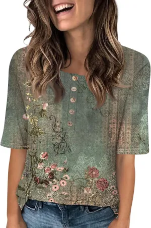 Womens Summer Tops Elbow Sleeve Tops Women Button Down T Shirts Scoop Neck Striped Floral Blouses Dressy Casual