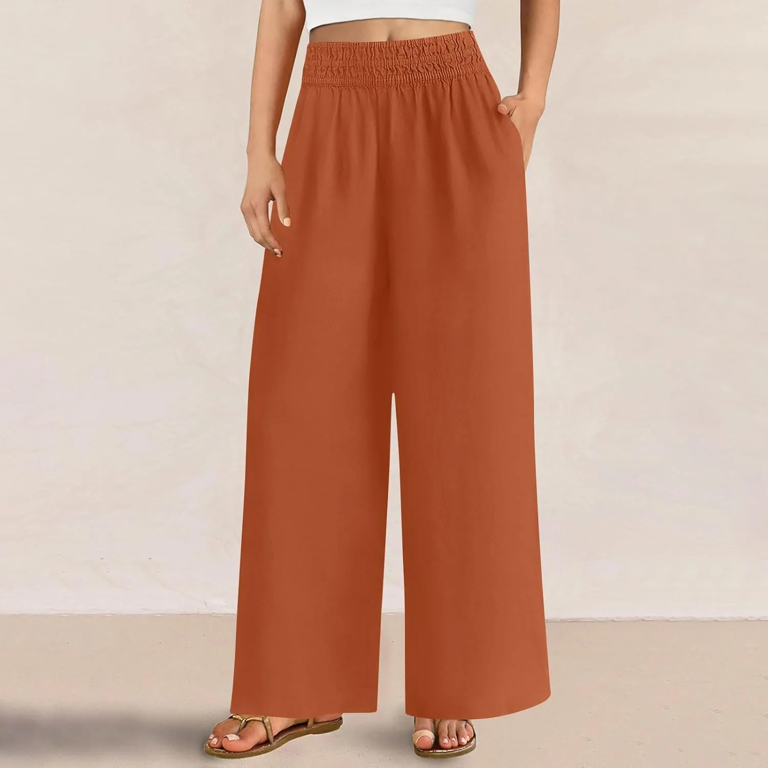 Womens Wide Leg Linen Pants Casual High Elastic Waist Loose Palazzo Pants Summer Beach Flowy Trousers with Pockets