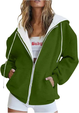 Womens Zip Up Hoodies Casual Oversized Fleece Sweatshirts Long Sleeve Jacket with Pockets 2024 Fall Sweatshirts